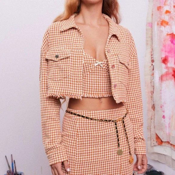 Cider Orange Tweed Houndstooth Raw Hem Crop Tank Top AND Jacket - Picture 3 of 7